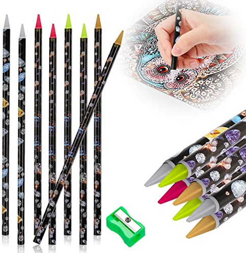 GOKEPO 9 Pcs Diamond Painting Pen Set - Self Adhesive Nail Dotting Wax Pen & Pencil Sharpener - 5D Crystal Gem Pick Up Tools - DIY Nail Art Accessories