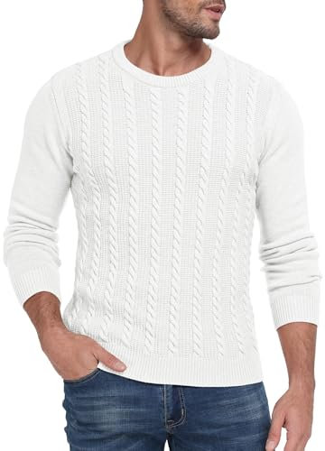 Hisir Mens Cable Knit Jumper UK Thick Crew Neck Pullover Winter Warm Long Sleeve Sweater (White, XXL)
