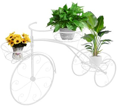 Soporte para macetas, estantería para plantas, en forma de bicicleta, soporte para plantas, metal, macetas, jardín, decoración, estante, con 3 cestas, ideal para casa, jardín, terraza (blanco)