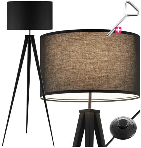 tectake® Dreibein Stehlampe, Lampe im retro boho Stil, gemütliches Ambient Light für Schlafzimmer, Wohnzimmer, als Esszimmerlampe, Lampenschirm in Leinenoptik, modern skandinavisch - schwarz