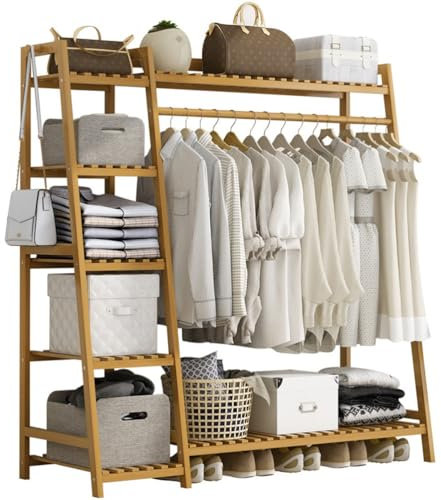 RAABYU Kleiderständer Bambus Garderobenständer zum Aufhängen von Kleidung 130 x 40 x 140 cm mit 5 Ablagemöglichkeiten und 2 Hakenleisten Schuhregal für Wohnzimmer SCHL