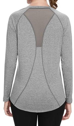 Wayleb Sportshirt Damen Langarm, V-Ausschnitt Sport T-Shirt Longesleeve Leicht Atmungsaktiv Funktionsshirt Laufshirt Trainingsshirt Back Mesh Locker Lang Sportoberteile, Grau XXL