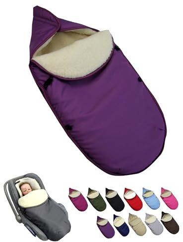 BambiniWelt Winterfußsack für Babyschale & Kinderautositz – universal für 3- & 5-Punkt-Gurtsysteme – Gruppe 0+ – Lammwolle, waschbar – warm & bequem für unterwegs, Farbe: lila