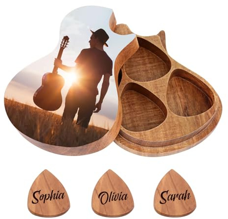 Personalisierte Foto Gitarren-Pick-Halter - Benutzerdefinierte hölzerne Gitarren-Pick-Koffer mit 3 Picks Geschenke für Sie Ihn Freund Geburtstag Weihnachten Valentinstag