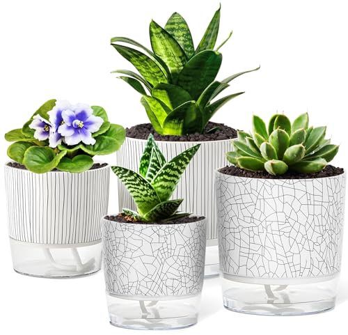 Selbstbewässernde Töpfe für Zimmerpflanzen, 12,7 cm, selbstbewässerndes Topf-Set, Blumentöpfe, leichter Übertopf für afrikanische Veilchen, Spinnenpflanze, Orchidee – 10 + 14 cm, gemischt, 4 Stück