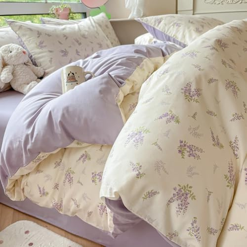 Bettwäsche 140x200 Weiß mit Lila Blumen Lavendel und Kissenbezug 70x90 | Bettwäsche Set, Violett Blumenwiese Blumenmuster, Botanisch, Vintage Pflanzenmuster, Aesthetic, Microfaser, Reißverschluss