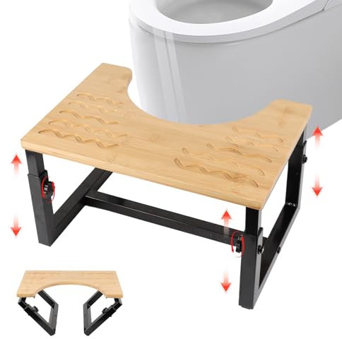 Toilettenhocker Erwachsene, Fußhocker Klappbar aus Bambus mit Anti-Rutsch-Pads, 3 Verstellbare Höhen, Klohocker Metall mit Wasserdichter Beschichtung, Bietet Entlastung bei Verstopfung, Blähungen