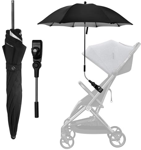FINEVERNEK Sombrilla Carrito Bebe, Sombrilla para Cochecito de Bebé, Sombrilla Carrito Bebe Universal Anti UV con Abrazadera Ajustable, Sombrilla Carro Bebe para Cochecito-Negro