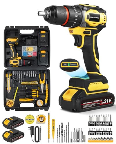 Maxesla 115PCS Cordless Drill Set 21V, 25+3 Torque Brushless Combi Drill with 2 * 2000mAh, 45N.m Max Electric Screwdriver Kit, 2 Variable Speed, LED Work Light, Home and Garden DIY Project Kit