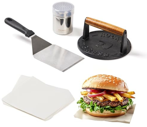 ROCKSHEAT 4PCS Smash Burger Press Kit, 7 Round Cast Iron Smash Bacon Press, Spatula, Seasoning Shaker and Patty Papers, Food-Grade Griddle Press Set for Outdoor Grilling and Tailgates