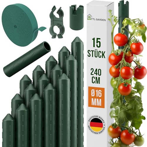 TTL GARDEN Rankstäbe 15er Set 240cm x 16mm Ø grün extra stabil & rostfrei | 16 mm Rankhilfe Pflanzstäbe + Klettband + Clips Stahl kunststoffbeschichtet Pflanzenstütze Blumenstütze Tomate Paprika Blumen