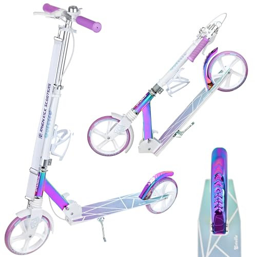 RAVEN Scooter Roller Tretroller Kickscooter für Kinder Erwachsene |klappbar | höhenverstellbar | Tragegurt | Klingel | Flaschenhalter (Estelle PRO White mit Handbremse, 200mm)