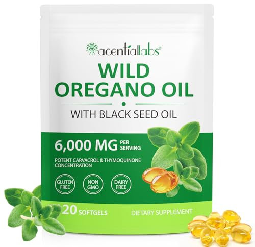 Capsules d'huile d'origan, huile d'origan 120 gélules 2 en 1 6000 mg avec huile de nigelle biologique 200 mg et 165 mg de carvacrol | Pressé à froid | Soutien du système immunitaire