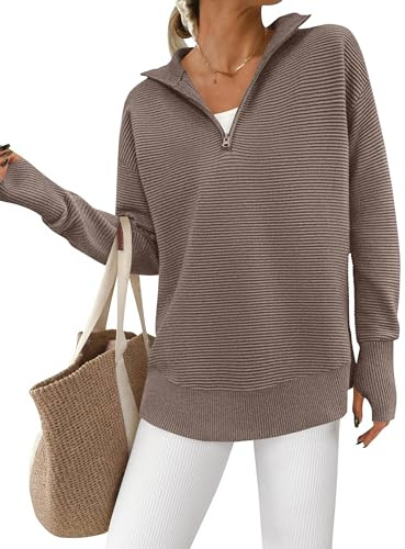 PRETTYGARDEN Womens Long Sleeve Quarter Zip Pullover Sweater Casual Loose V Neck Collared Ribbed Knit Jumper Tops Thumb Hole | Casual Loose V Neck Sweaters with Thumb Hole, Collared Ribbed Knit Jumper Tops, Oversized Tunic Tops, Fall Outfits 2026