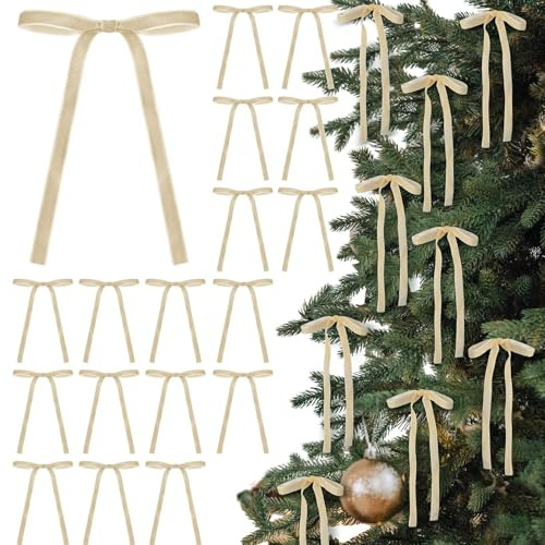 YUYWWAN 24 Stück Samtschleifen Weihnachtsbaum, 5 x 7 Zoll Weihnachtsbaum Deko Schleifen, Exquisite Weihnachtsbaumschleifen, Vintage Schleifen Weihnachten für Drinnen Draußen Wohndeko (Beige)