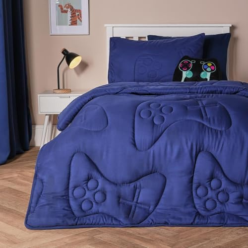 OHS 7.5 Tog Coverless Duvet Single, Soft Warm Microfibre Gaming Quilted Comfortable Summer Coverless Duvet Lightweight Washable Single Duvets with Pillowcase, Navy