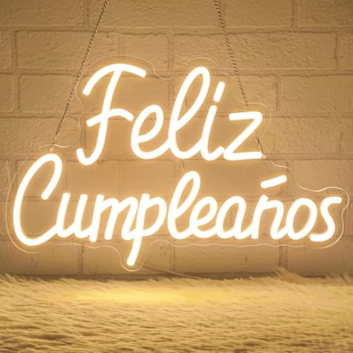Lxmoneon Feliz Cumpleaños Letreros de neón para decoración de paredes, letrero iluminado de cumpleaños, luz de neón LED blanca cálida USB, neón regulable para telón de fondo de fiesta de cumpleaños