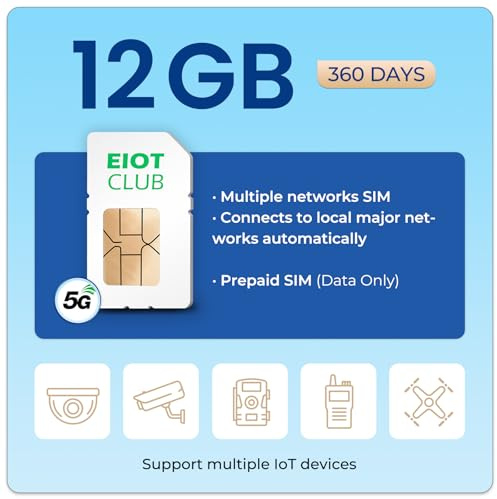 EIOTCLUB 12GB Daten SIM Karte 360 Tage – IoT Prepaid Internet SIM für Kamera, Router, Alarmanlage | 4G LTE/5G | Ohne Vertrag, Ohne Registrierung | Vodafone O2 Netz | Deutschland & EU