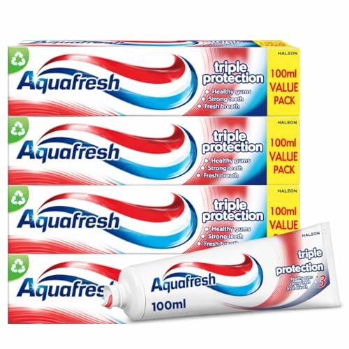 4 x 100ml Aquafresh Triple Protection Toothpaste – Fluoride Formula for Strong Teeth, Healthy Gums & Long-Lasting Fresh Breath – Everyday Family Oral Care