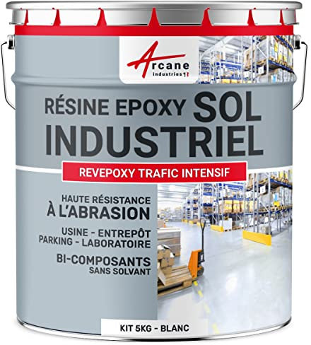 ARCANE INDUSTRIES Peinture Sol REVEPOXY TRAFIC INTENSIF : Résine Epoxy pour Sol Béton : Usine, Atelier Parking - 5 kg (jusqu'à 10 m² en 2 Couches) Blanc