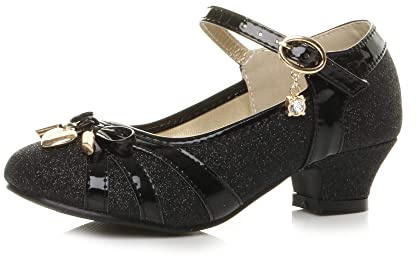 AJVANI Low Heel Diamante Bow Mary Jane Glitter Court Shoes Size 11 Black