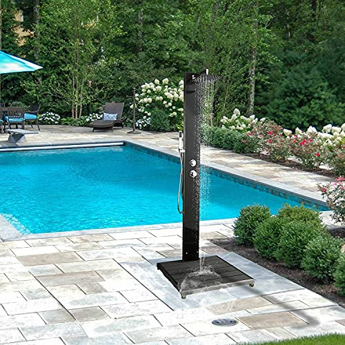 Gartendusche “Amrum” von ELBE aus Edelstahl 304 und gehärtetem Schwarzglas, mit Einhebelmischer, Überkopfdusche, Handbrause und WPC-Bodenplatte in Anthrazitgrau für Garten, Pool und Außenbereich