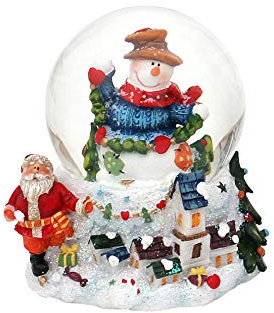 Dekohelden24 Schneekugel Schneemann mit Girlande auf Sockel mit Winterlandschaft, Maße H/B/Ø Kugel: ca. 9 x 8 cm/Ø 6,5 cm.