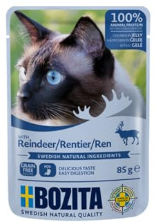 Bozita Nassfutter Häppchen in Gelee mit Rentier - 12x85g Portionsbeutel getreidefreies & weizenfreies Futter für Katzen - Katzennassfutter für erwachsene Katzen mit 8,5% Protein & 4,5% Fettgehalt