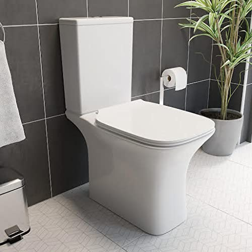 Affine® Bayeux Modern Bathroom Cloakroom Close Coupled Toilet WC Rimless Space Saving Soft Close Top Fix Seat Square Pan Dual Flush Cistern White Gloss