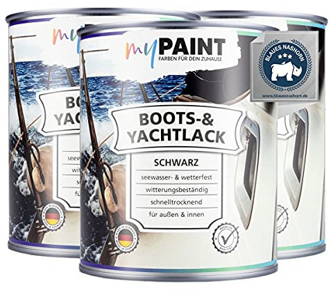 myPAINT® vernice barca e yacht 1K di prima classe (3x750ml, nero) vernice per barche di lunga durata, vernice per imbarcazioni in legno, vernice per barca vetroresina - professionale - Made in Germany