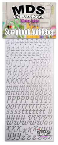 MDS Brand klein Buchstaben Aufkleber 1,5cm mit feinen Elegante Rand zum beschriften & Selbstgestalten von Fotobuch & DIY Projekte, Dekorative Matt Aufkleber mit Silber Rand 24-2 (Klein a-z Silber)