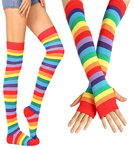 Yiida Bunte gestreifte Socken - Regenbogenstreifen Armwärmer und Kniestrümpfe Set für Damen Herren Mädchen Jungen Partys Karneval Cosplay Stolz Requisiten