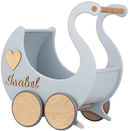Puppenwagen ab 1 Jahr - Individuell mit Namen - Handgefertigter Puppenwagen - Holzpuppenwagen - Sicher Abgerundete Kanten - Ausdrucksstarke und Schöne Farben (Grau)