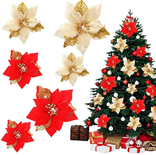 24 Stück 3 Größe Weihnachten Glitzer Weihnachtsstern Blumen Hochzeit Kunstblumen Gold Rot Weihnachten Ornamente für Weihnachtsbaum Neujahr Outdoor Deko (Gold Blatt Aushöhlen mit Glitzer)