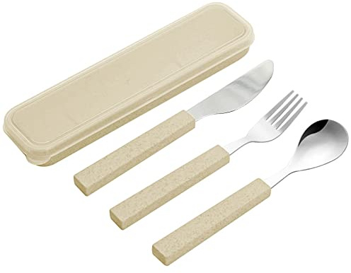 VANRA 3-Piece Children Utensils Set 18/10 Stainless Steel Child Flatware Set Silverware Knife Spoon Fork Set with Travel Case for Kids Lunch Box(Cream)