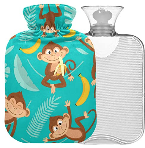 Naanle Niedliche Tier-Affe-Wärmflasche mit Bezug, transparente Warmwasserflasche, 1 l Wärmflasche, für Bett, Handfüße, wärmer, Schmerzlinderung, Wärme- und Kältetherapie