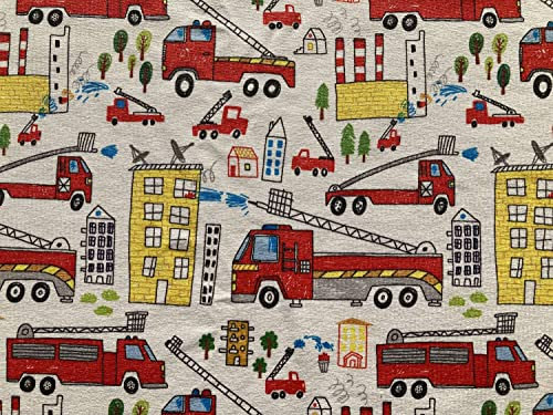 Meterware ab 50x160cm Jungen Jersey Stoff mit Feuerwehr Fahrzeuge, Kinderstoffe zum Nähen, Stoffe mit 95% Baumwolle, Einsatzwagen Löschwagen Kranwagen