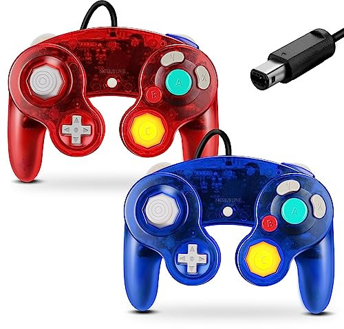 FIOTOK Gamecube Controller, controller cablato classico per Wii Nintendo Gamecube (rosso trasparente e blu trasparente, 2 pezzi)