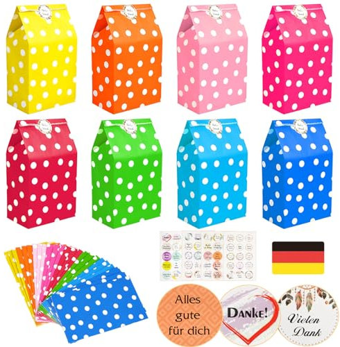 Papiertüten, 24 Stück Papiertüten Bunt Geschenktüten mit 48 Deutscher Aufkleber, Candy Tüten zum Verpacken von Geschenken, kindergeburtstag, Hochzeit, Giveaways, Party