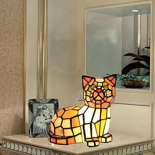 AIBOTY Tiffany Tiger Cat Akzentlampe, Kunstglasschirm-Tischlampe, 21X18cm, E12/14X1, Buntglas-Schlafzimmer-Nachttischlampe, Mini-Kleinkatzen-Nachtlampe Für Kinderliebhaber