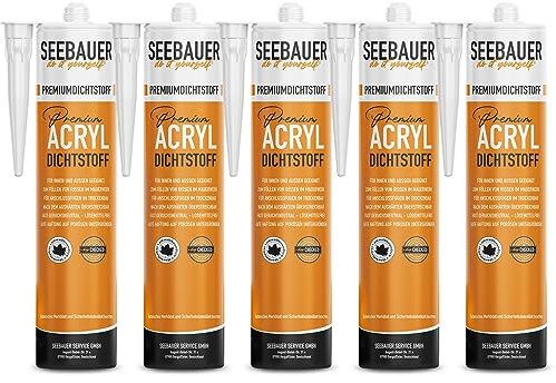 SEEBAUER diy® Premium Acryl-Dichtstoff 300 ml Weiß (5 Stück), Elastische Dichtmasse für Innen und Außen, Überstreichbar und Wasserfest, Fugendichtstoff