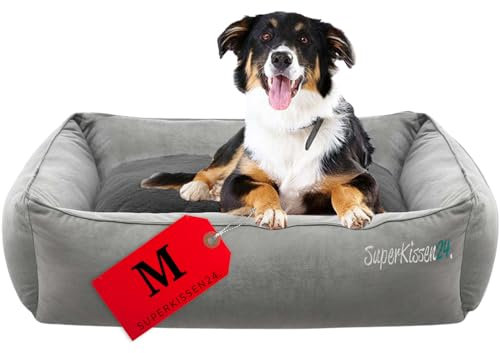 SuperKissen24. Hundebett für mittelgroße Hunde - Weiches Hundesofa flauschig aus kratzfestem Material Plüsch - Hundekissen waschbar - Hundekorb in Grau - M 70 x 55 cm
