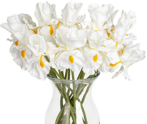 Oairse 15er-Set Kunstblumen Künstliche Lila Irisblüten Künstliche Blumen Deko Seidenblumen für DIY Hochzeit Blumenstrauß Party Tisch Centerpieces Blumenarrangements und Home Frühling Dekoration, Weiß