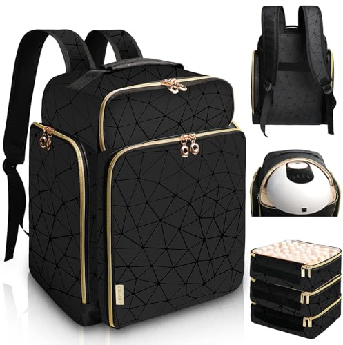 ahzske Nail Polish Organizer Backpack Holds 126 Bottles& Nail Lamp, Extra Large Nail Kit Supplies Organizer Bag with 3 Removable Cases, Portable Nail Organizers and Storage for Trave (Elegant Black)