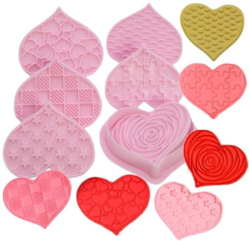 PTaizjjz Valentines Cookie Cutter,6 PCS Plastic Heart Cookie Cutters and Stamps,Valentines Heart Shaped Biscuit Cutter Set.