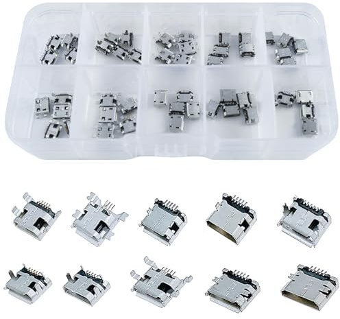 Rierousy 50 Pièces Micro USB a Souder Femelle, 10 Odèles 5pcs de Chaque Type de Connecteur USB Set pour Connecteur Electronique I'équipement