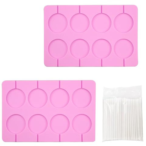 suaywo Lot de 2 Moules à Sucettes en Silicone Moule Bonbon à 8 Cavités Rondes avec 100 Bâtonnets Moule à Bonbons Durs Moule Bonbon Silicone à Sucettes Ronds pour Faire Chocolats Sucette