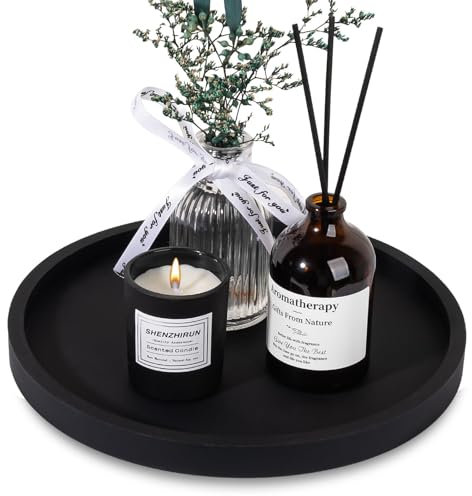 Silicone Bathroom Tray Round Vanity Tray Decorative Soap Holder Kitchen Countertop Organizer Coffee Table Decor for Candle, Perfume, Plant, 9 Inch, Black