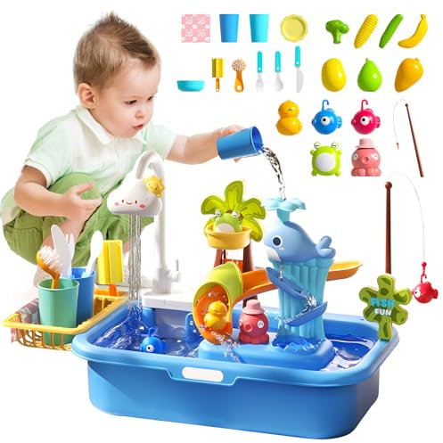 Jouets Cuisine pour Enfants avec Évier et Lave-Vaisselle, Robinet Électrique, Accessoires de Pêche Flottants, 3-7 Ans