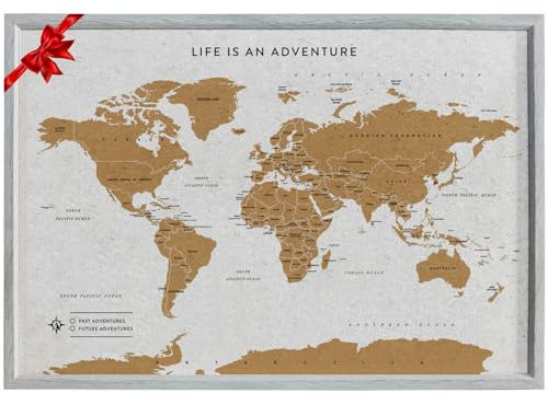 Splosh Carte du monde de voyage - Tableau d'affichage en liège avec 100 épingles en 2 couleurs pour marquer vos aventures passées et futures - Cadre en bois - Carte du monde encadrée pour bureaux